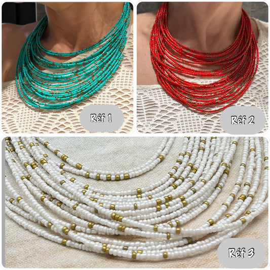 Collier plastron plusieurs brins perles de rocailles turquoise, corail, noir, blanc - Ateliersdisa