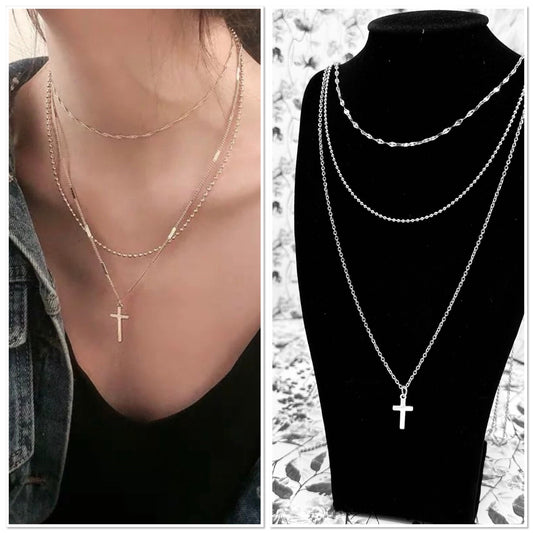 Collier à plusieurs rangs pendentifs croix, collier multi-rangs or croix - Ateliersdisa