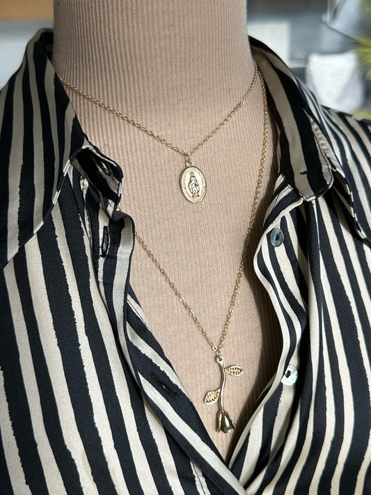 Collier multi-rangs or médaille et rose couleur or ou argent - Ateliersdisa