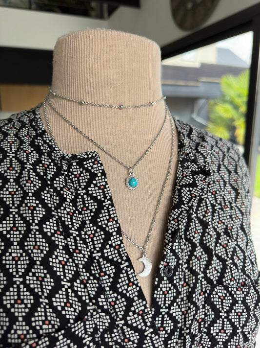 Collier multi-rangs lune pierre turquoise en laiton argent  - Ateliersdisa