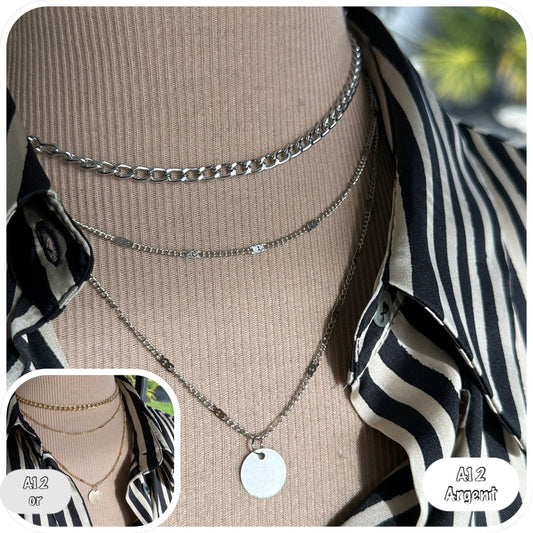 Collier multi-rangs médaillon, collier 3 rangs chaîne avec médaille - Ateliersdisa