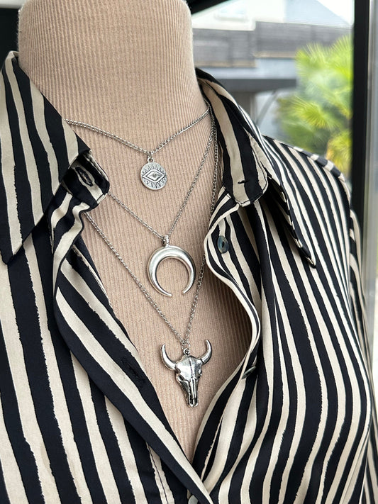 Collier sautoir laiton argent à plusieurs rangs pendentif lune corne tête taureau tendance bohème - Ateliersdisa