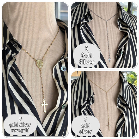 Collier chapelet croix couleur or, argent ou or rose, collier cravate pendentif croix - Ateliersdisa