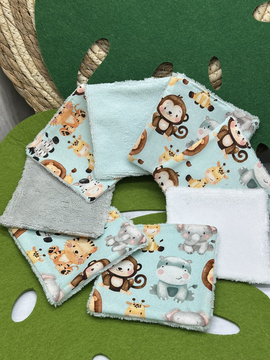Lingettes bébé lavable motifs animaux savane lot de 10 lingettes zéro déchet - Ateliersdisa