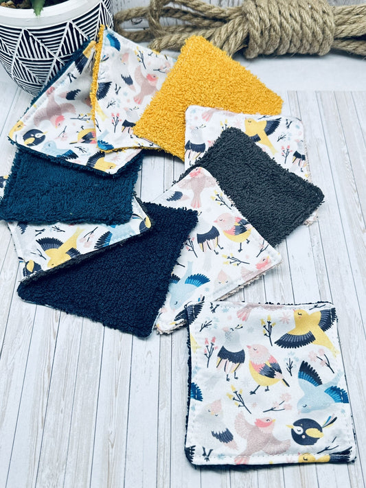 Lingettes bébé lavable motifs oiseaux lot de 10 lingettes zéro déchet - Ateliersdisa